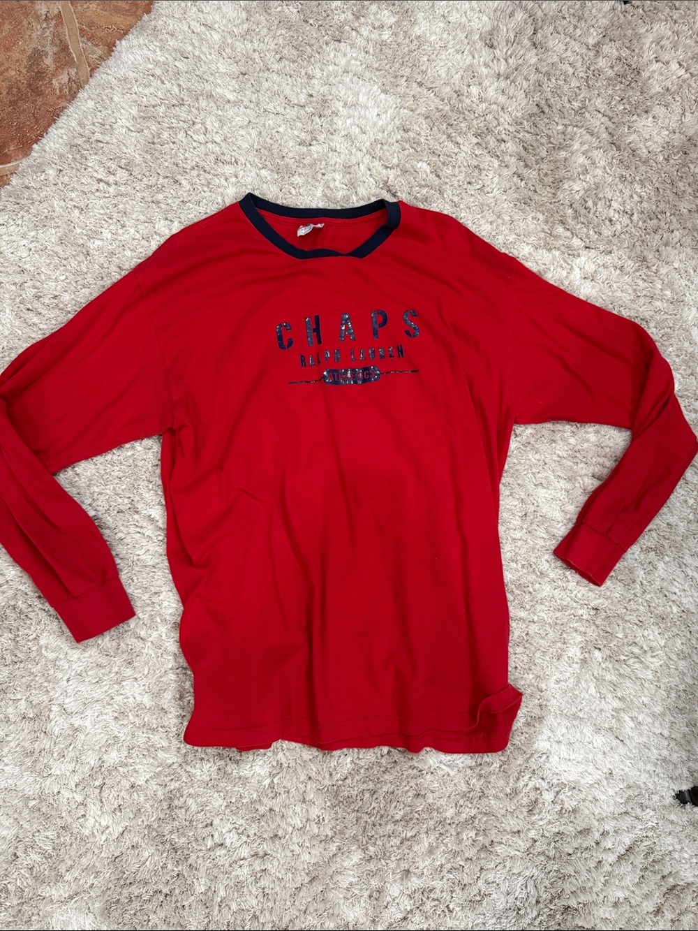 Chaps Red Long Sleeve Logo Tee with Navy Trim